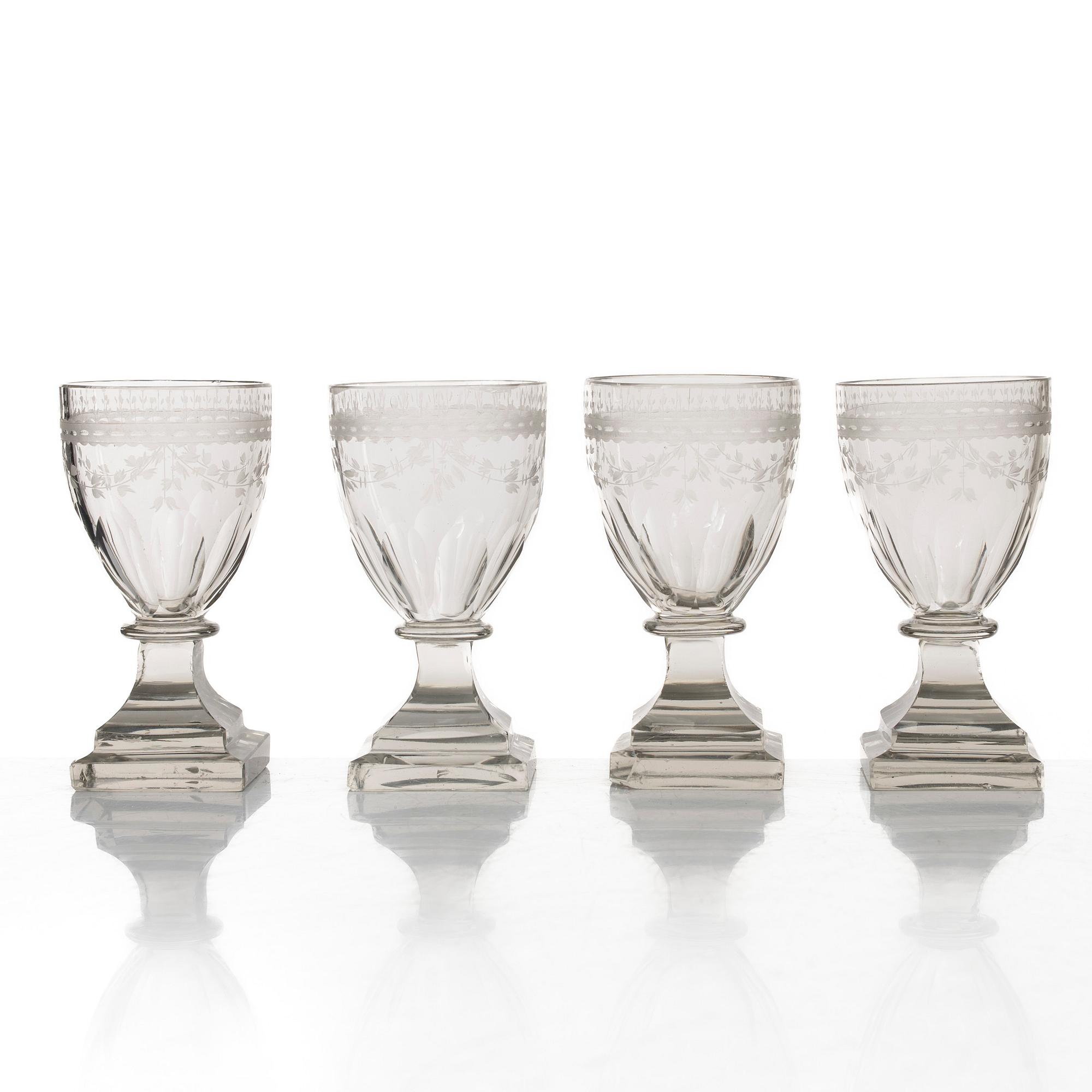 A set of seven Gustavian wine glasses, Sweden, late 18th century.