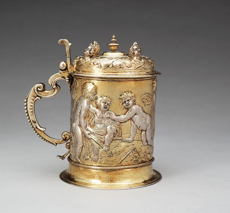 An important German 17th century parcel-gilt tankard, makers mark of Abraham Drentwett I, Augsburg 1645-1650.