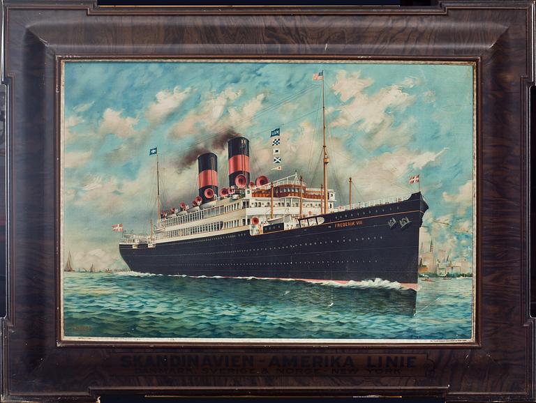 REKLAMSKYLT, plåt, Skandinavien-Amerika-Linien. 1900-talets början.