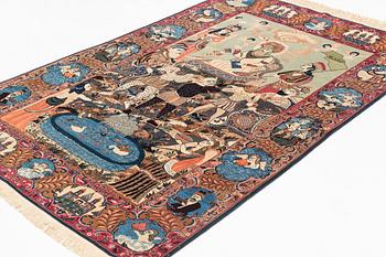 A rug, semi-antique, Kashan, figural, signed, 205 x 135 cm.