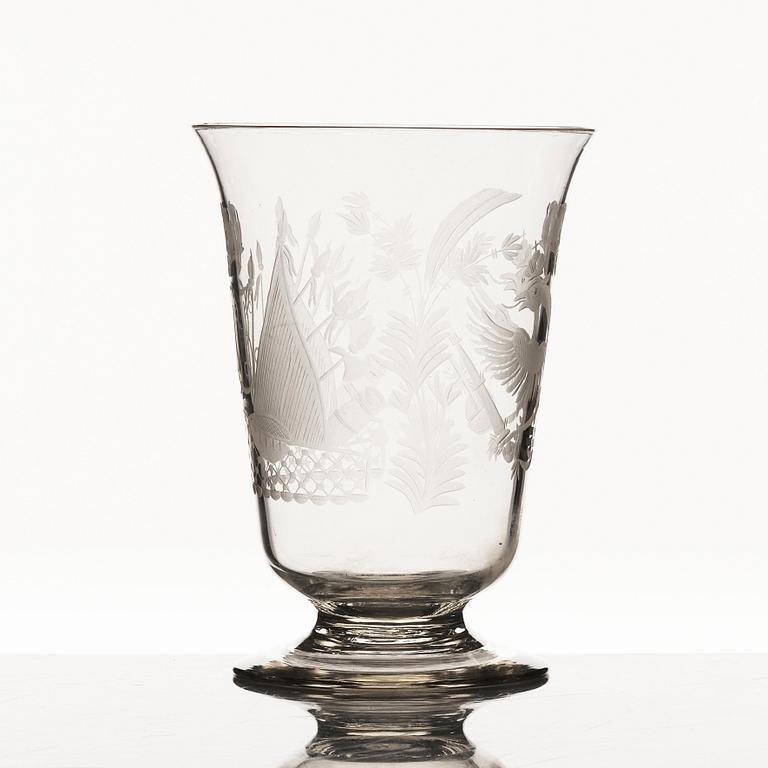 A Russian commemorative glass Goblet, engraved with Russian imperial crown and monogram, around 1900.