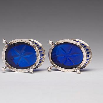 A pair of Swedish 18th century silver and blue glass salt cellars, mark of Pehr Zethelius, Stockholm 1791.