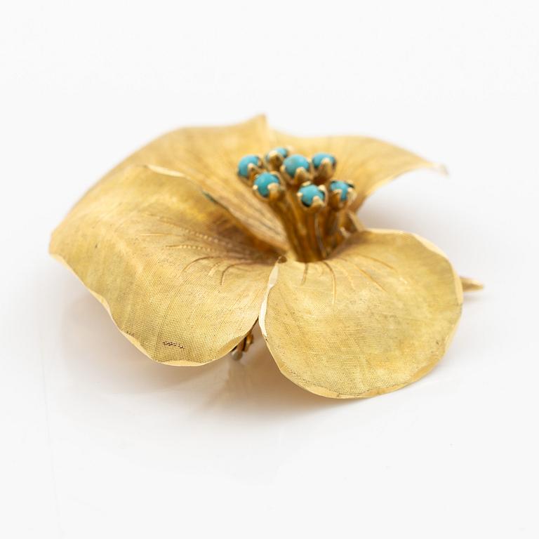 Brosch, 18K guld i form av blomma med turkoser.