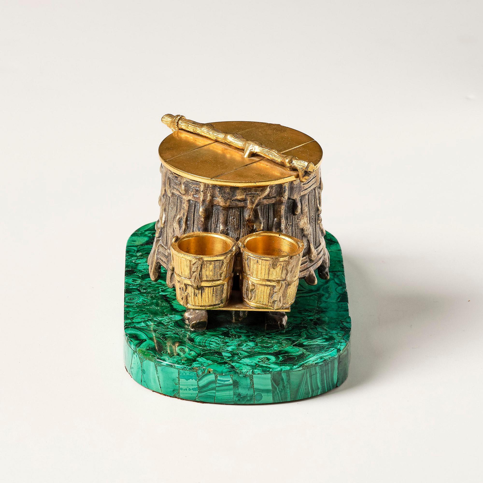 A Russian Alexander II malachite-veneered, silvered and gilt bronze inkwell, later part 19th century.