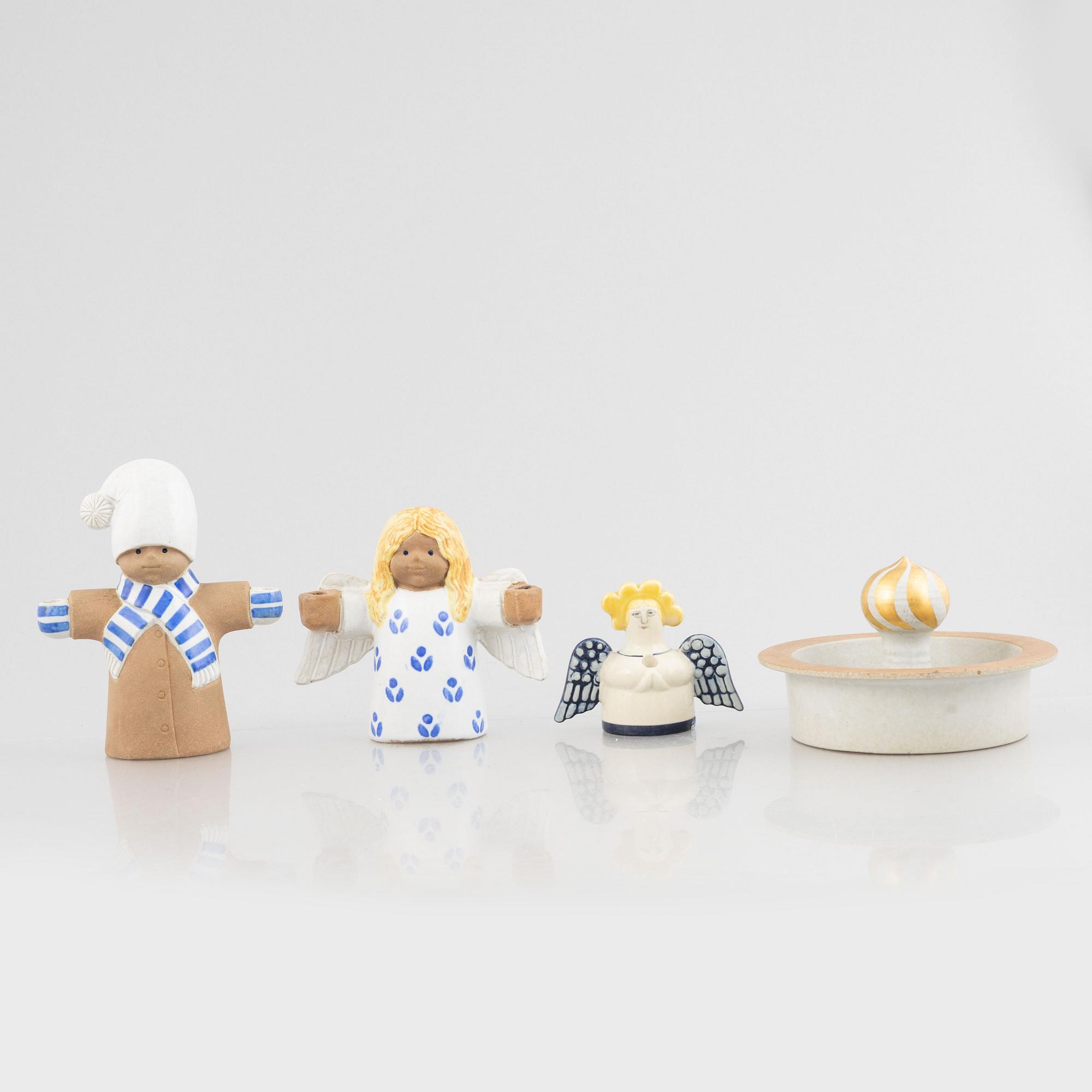 Lisa Larson, three stoneware candlesticks "Julius", "Juliana", "Angel" aswell as a bowl "Guldknopp",  Gustavsberg.