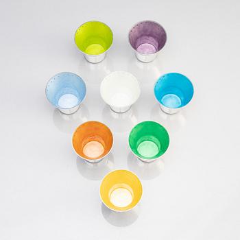 Eight sterling silver and enamel beakers, design and enamelling by Barbro Littmarck, W.A. Bolin, Stockholm 1961-66.
