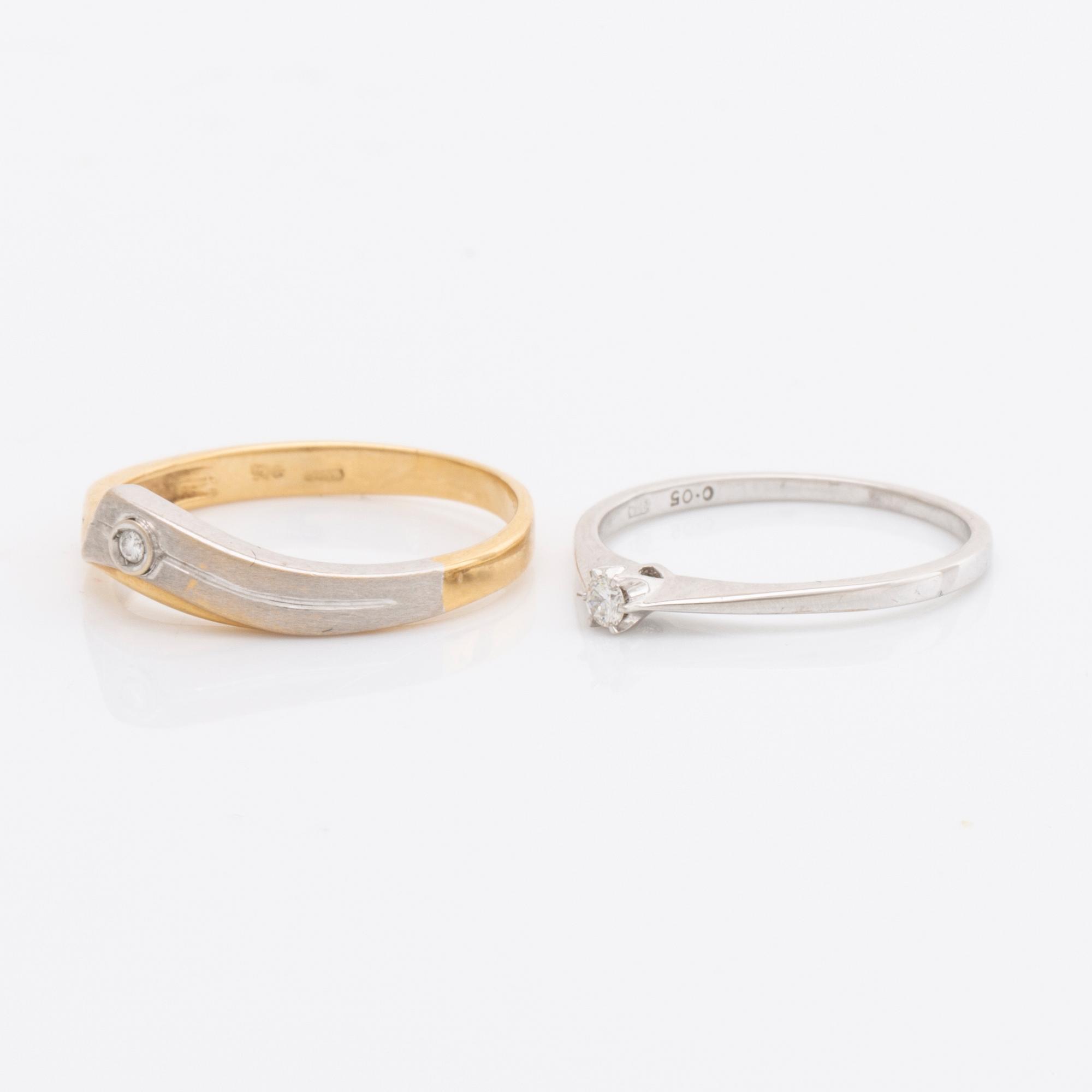 2 rings and 1 pendant 18K gold, brilliant-cut diamonds and 1 aquamarine ca 7 mm, chain metal.