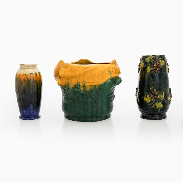 Flower pot for Turun kaakelitehdas,  and three vases, early 20th century.