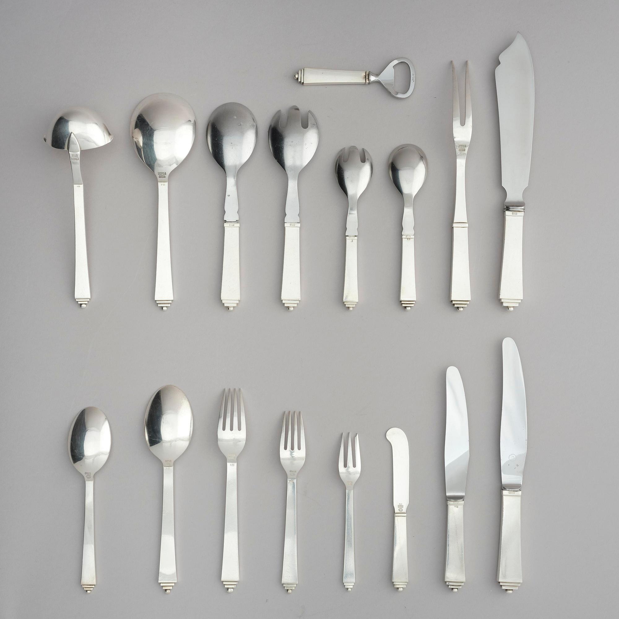 Georg Jensen, a set of 99 pieces of sterling silver flatware, model 'Pyramide', design Harald Nielsen, Copenhagen 1933-1977.