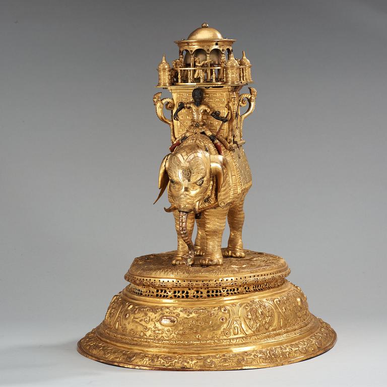 An important South German late 16th century gilt copper and bronze elephant automaton figure clock.