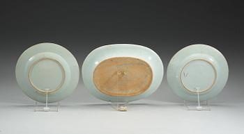 A famille rose serving dish and two dinner plates, Qing dynasty, Qianlong (1736-95).