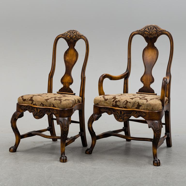 A set of six late Baroque style chairs and a pair of armchairs, first half of the 20th century.