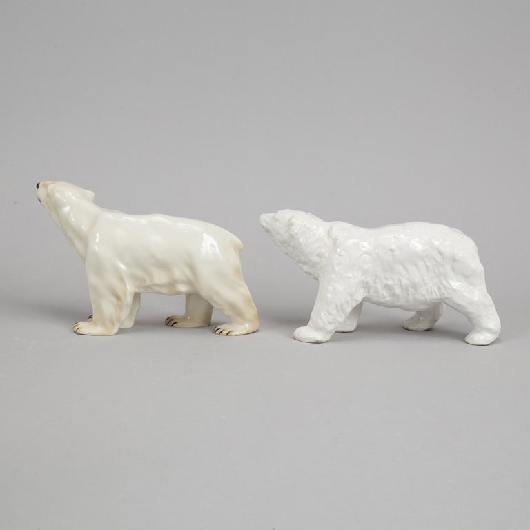 Three ceramic polar bears, Rörstrand, Jie Gantofta and Syco, Sweden.