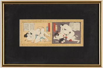 Six Japanese sheets from album, Shunga, late 19th/early 20th century.