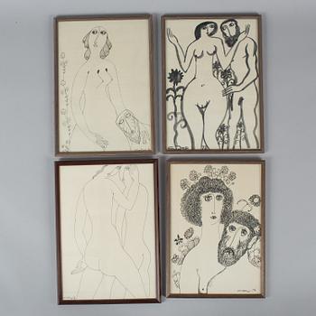VADIM SIDUR, a set of 7 felt pen/ink drawings, signed and dated -70,  -74. -75, 78, -80.