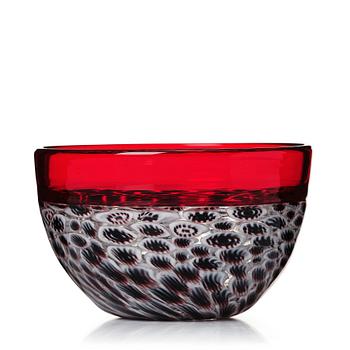 Riccardo Licata, a red glass "lattimo and black wheel murrine" bowl, model 3613, Venini, Murano, Italy, probably 1950's.