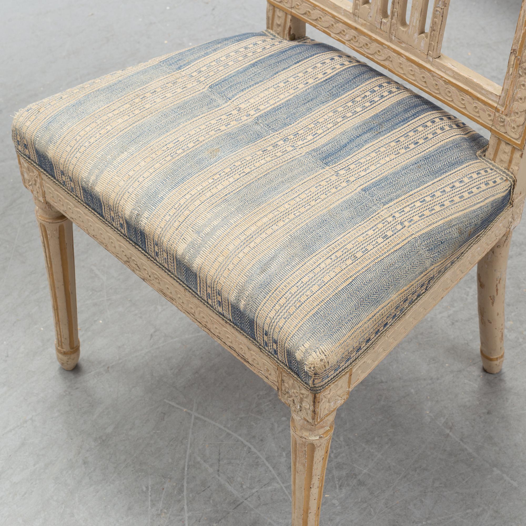 A set of six gustavian chairs made in Lindome by Johannes Andersson (1763-1840), signed IAS+, around the year 1800.