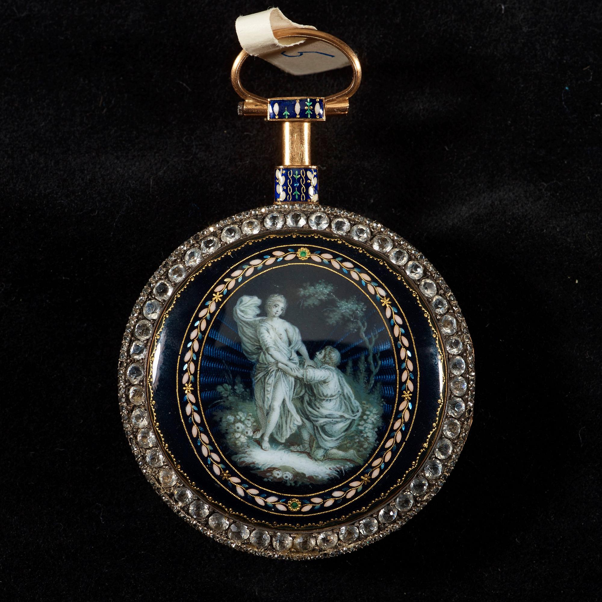 FICKUR, guld, emalj, pärlor samt pastestenar, märkt: "Breguet, Paris", sannolikt 1700-talets slut.