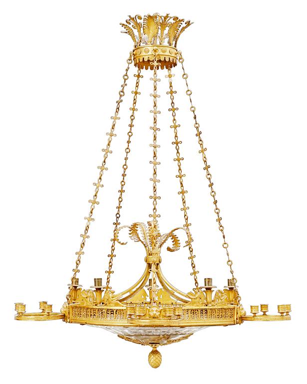 A gilt bronze and glass 25-light hanging lamp, attributed to C. Rossi and A. Schreiber, St Petersburg circa 1815.