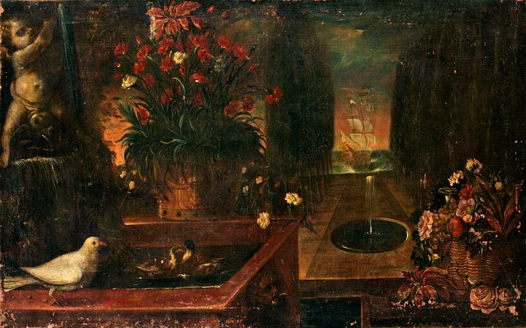 Abate Andrea Belvedere Hans art, Stilleben med blommor och fåglar vid en fontän.