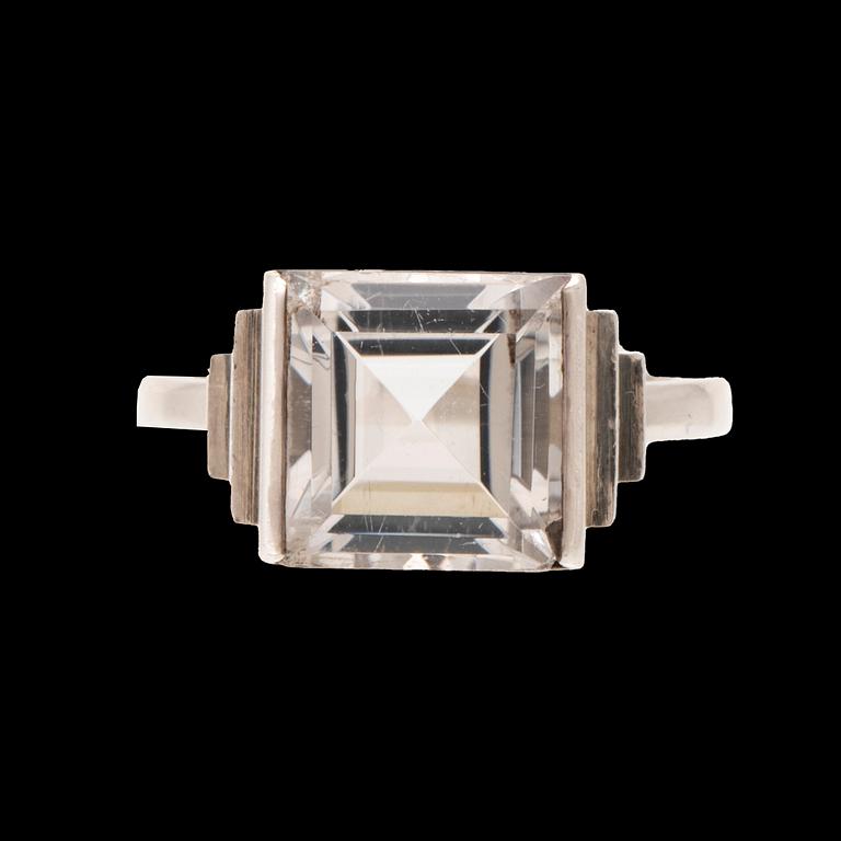 A silver ring set with a step-cut rock quartz crystal by Wiwen Nilsson Lund 1939.
