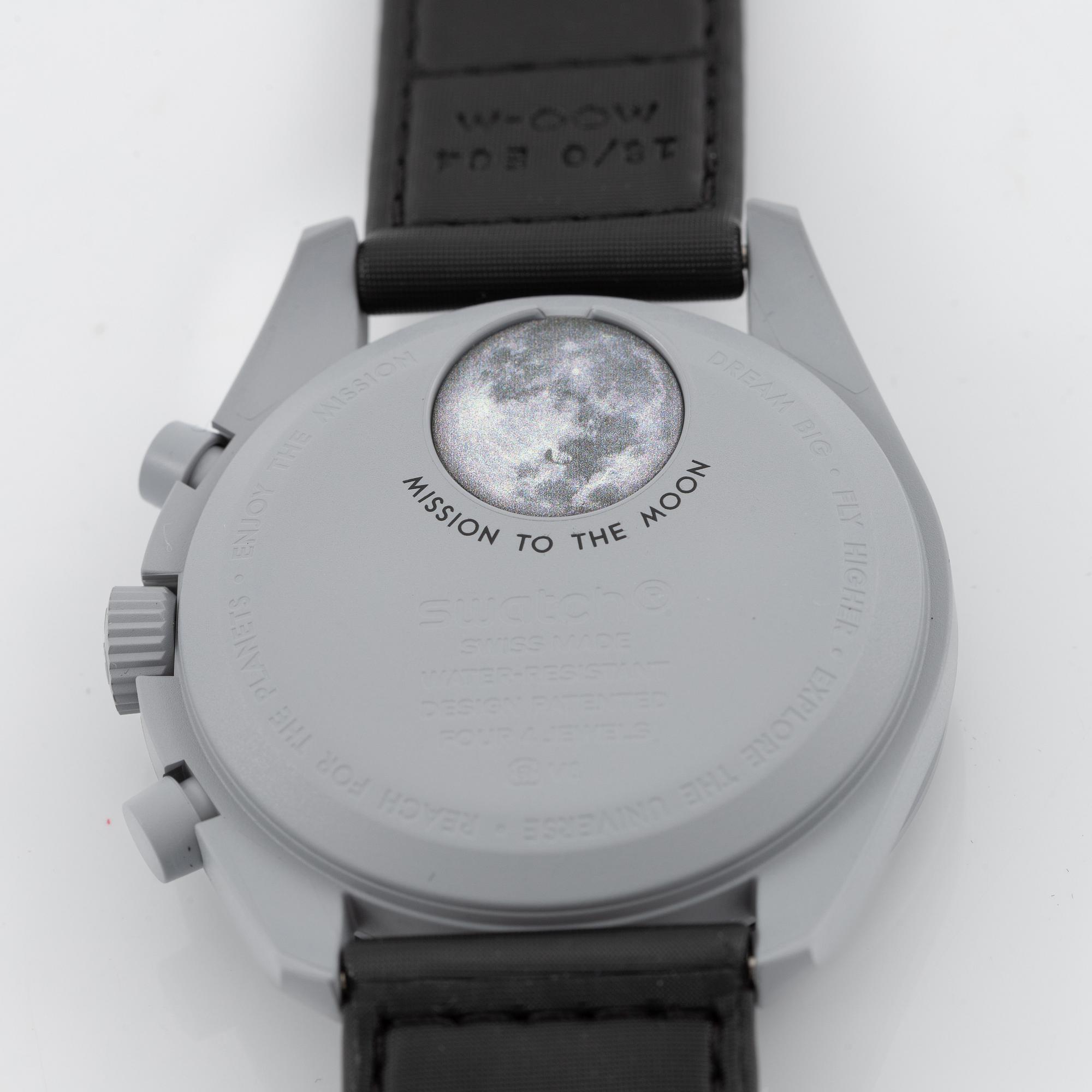 Swatch/Omega, MoonSwatch, Mission to the Moon, chronograph, wristwatch, 42 mm.