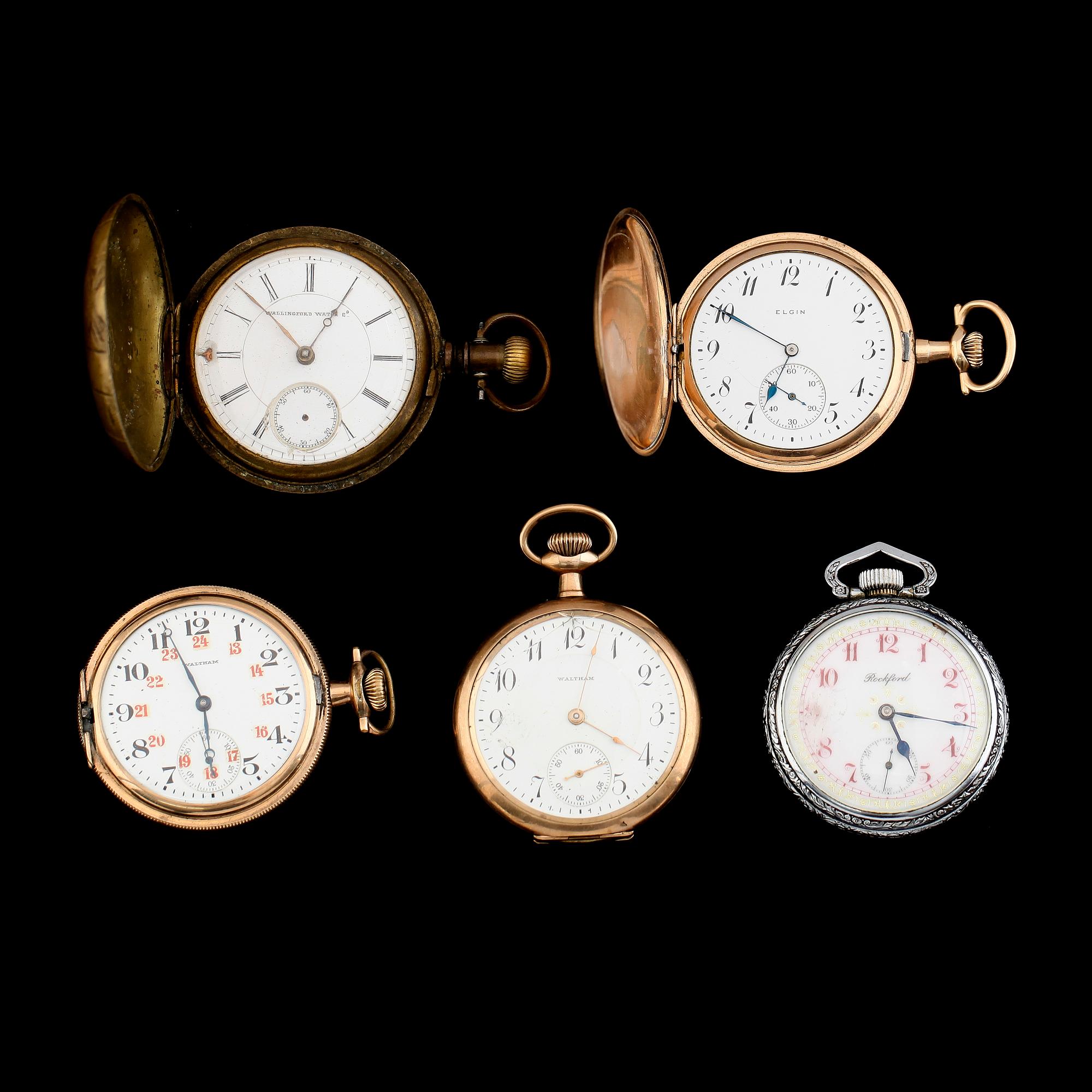 FICKUR, 5 st, doublé och vitmetall, bla Waltham, 1900-talets första hälft.