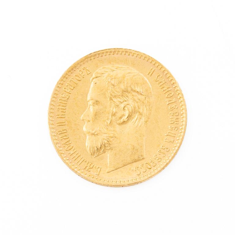 Gold coin, Nicholas II, Russia, 5 Rubles, 1898.