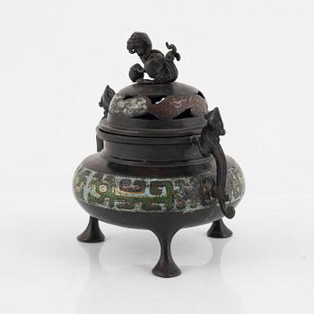 A Chinese bronze and cloisonné censer with cover, Qing dynasty, 19th century.