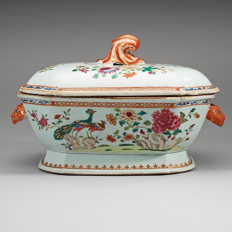 A famille rose 'double peacock' tureen with cover and stand, Qing dynasty, Qianlong (1736-95).