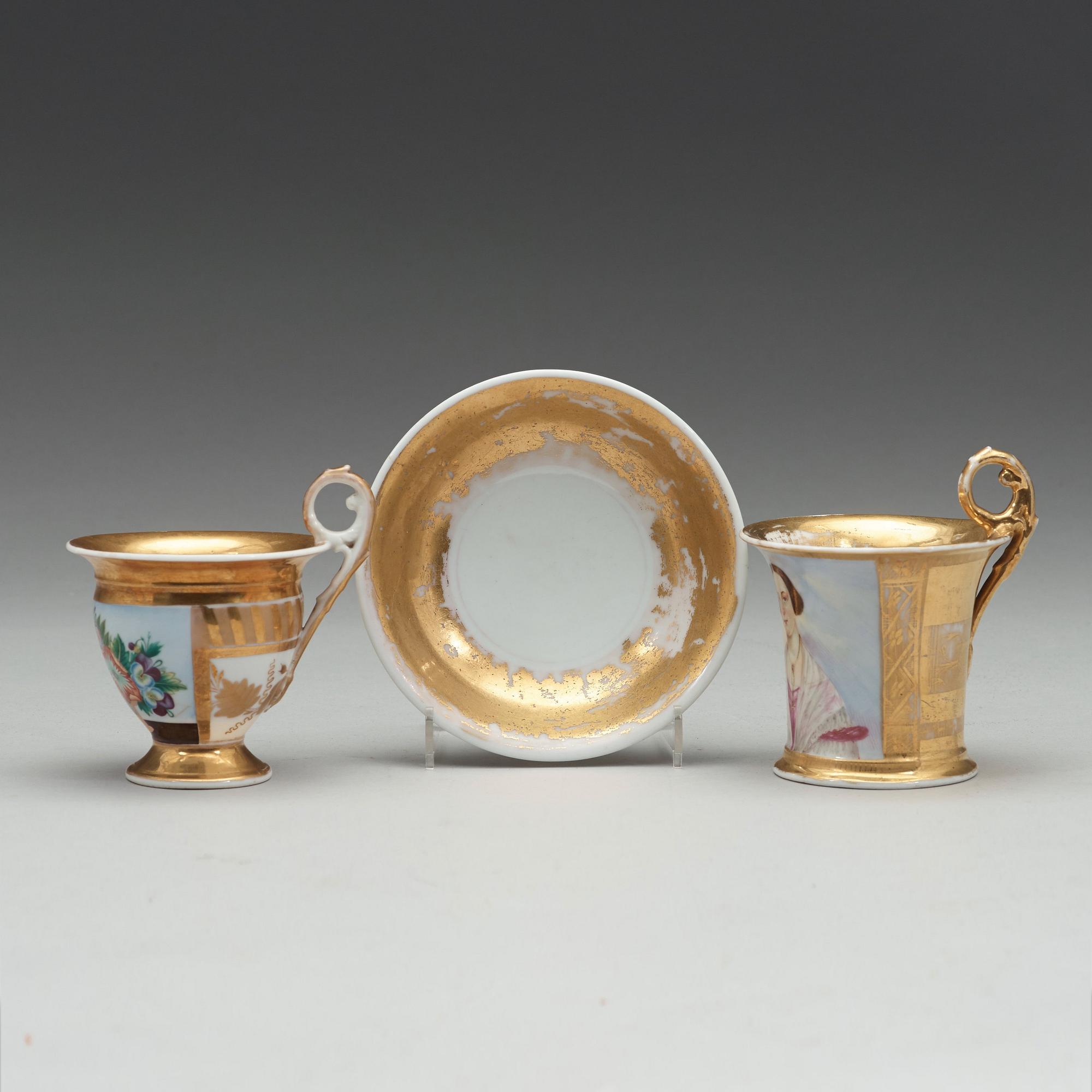 Empire, A Russian cup with saucer, Kudinovs Brothers factory (Завод братьев Кудиновых) and a single cup, Empire.