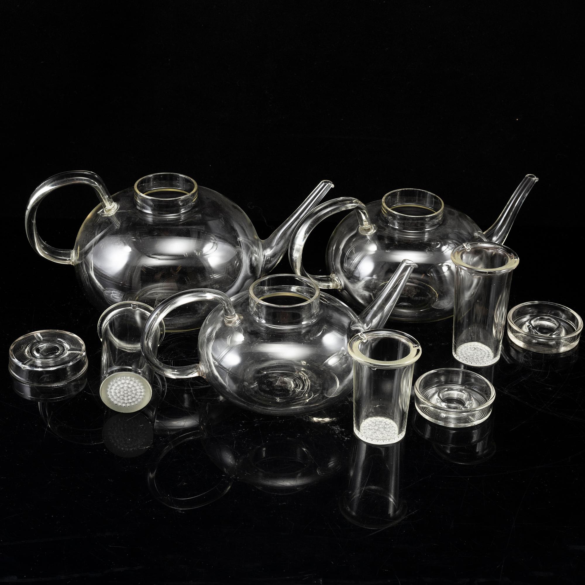 WILHELM WAGENFELD, 3 tea pots, Jenaer Glaswerk, Schott & Gen, Germany.