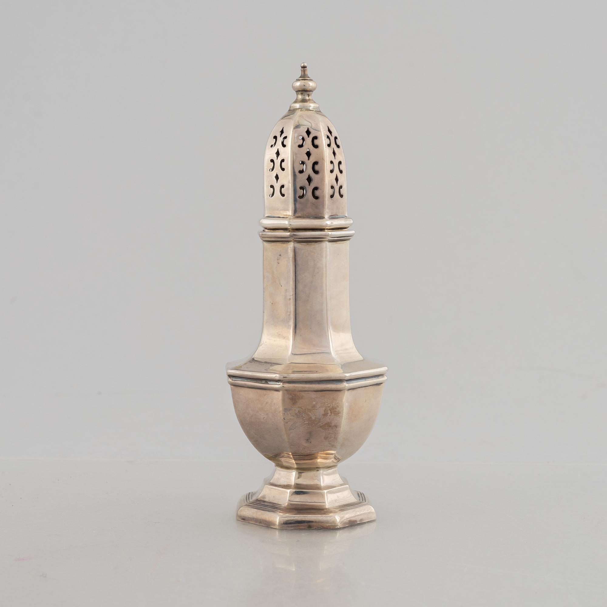 An English silver spice shaker, mark of James Dixon & Sons Ltd, Sheffield, 1946.