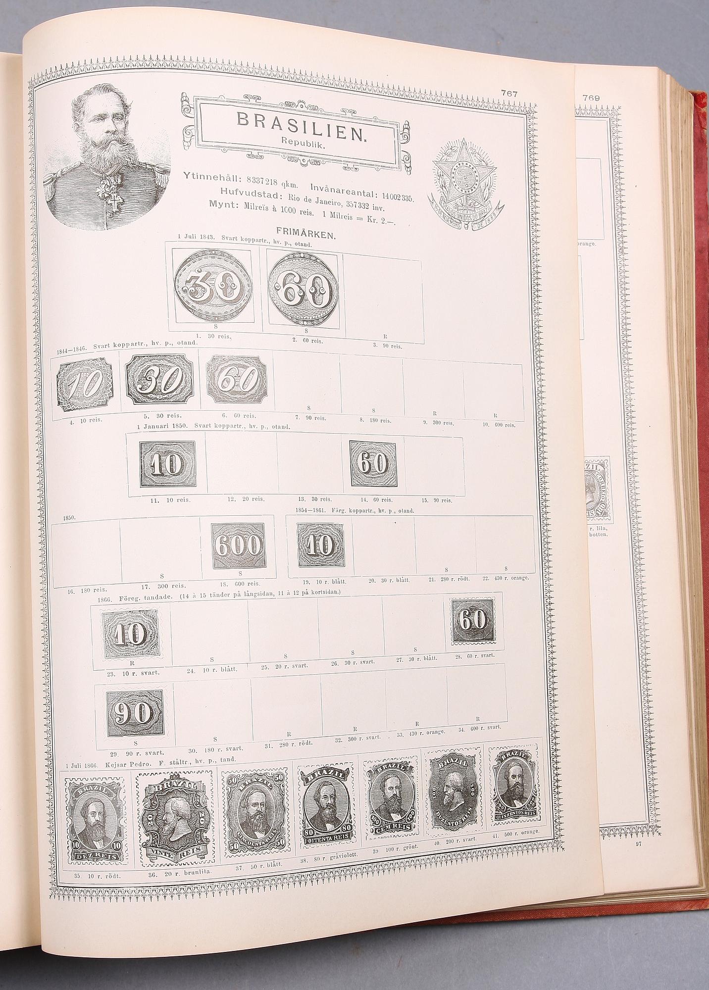FRIMÄRKSALBUM MED FRIMÄRKEN, 900 sidor, Hela världen, 1800-tal till tidigt 1900-tal.