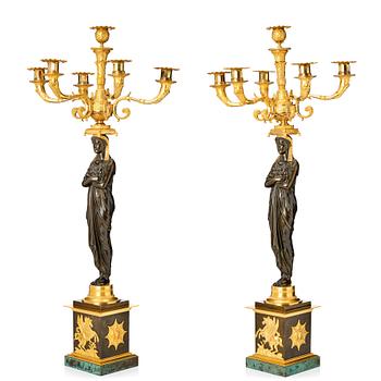 138. A pair of important six light Retour d`Egypt Empire candelabra.