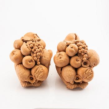 Two terracotta cornucopia by possible Alberto Poletti, Impruneta, Florence, Italy.
