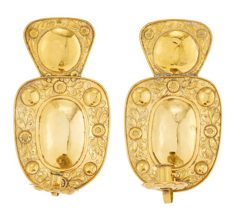 A pair of Swedish 18th century brass one-light wall sconces.