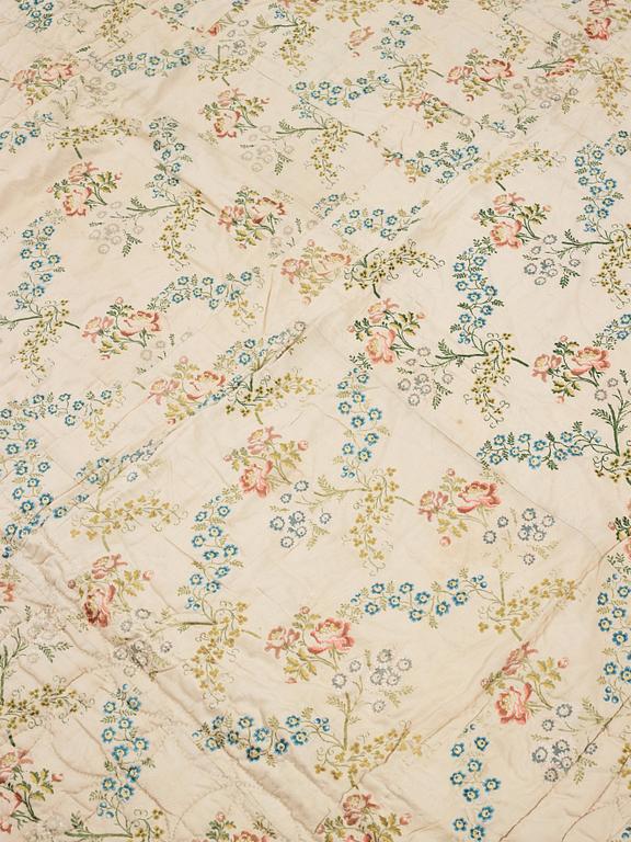 A SILK BED COVER, quilted, ca 192-193 x 164-170 cm, probably Sweden 18th century.