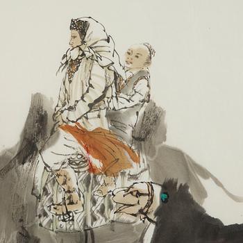 MÅLNING, av An Qi, "Travelers to Tianshan", signerad och daterad 2007.