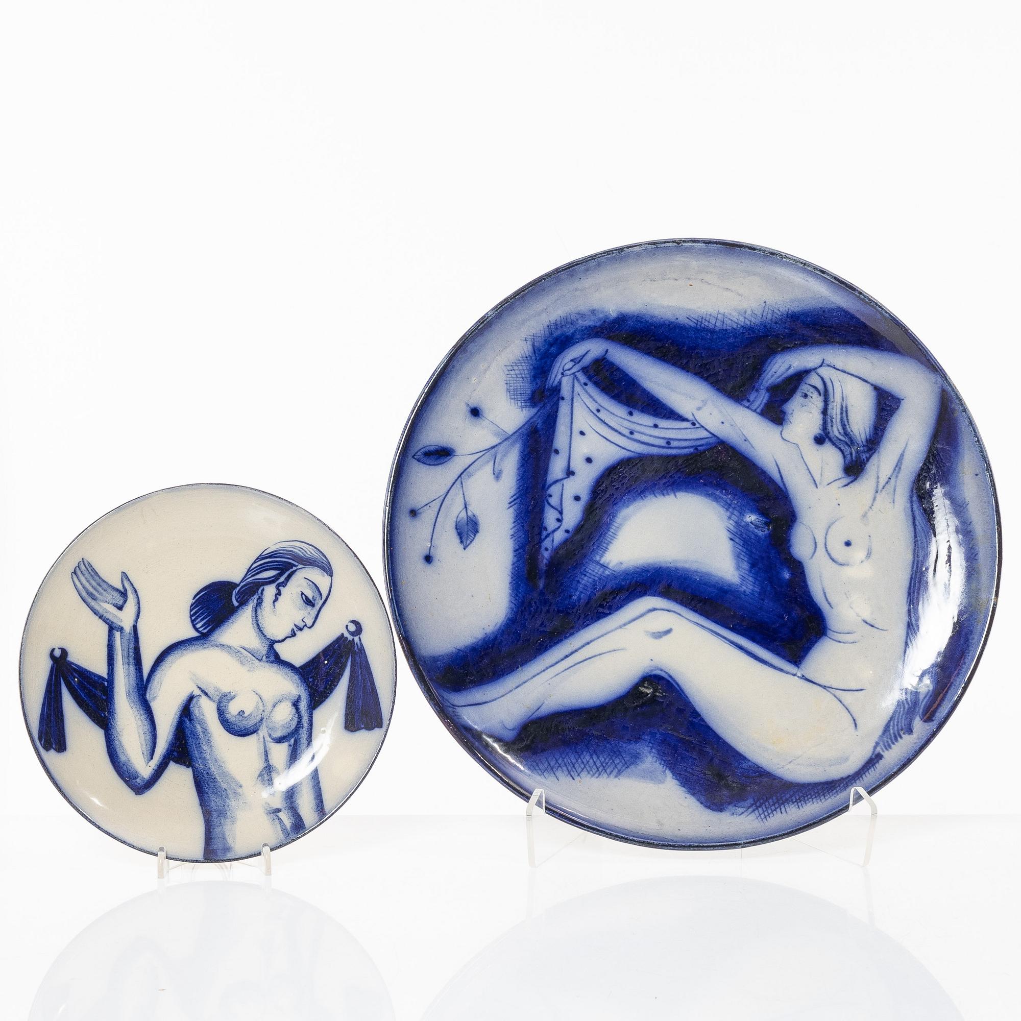 Tyra Lundgren, two stoneware dishes, Rörstrand, 1930's.