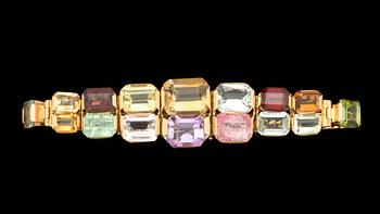 A quartz, beryl and tourmaline bracelet. Made by Swedish goldsmith G. Dahlgern, Malmö.