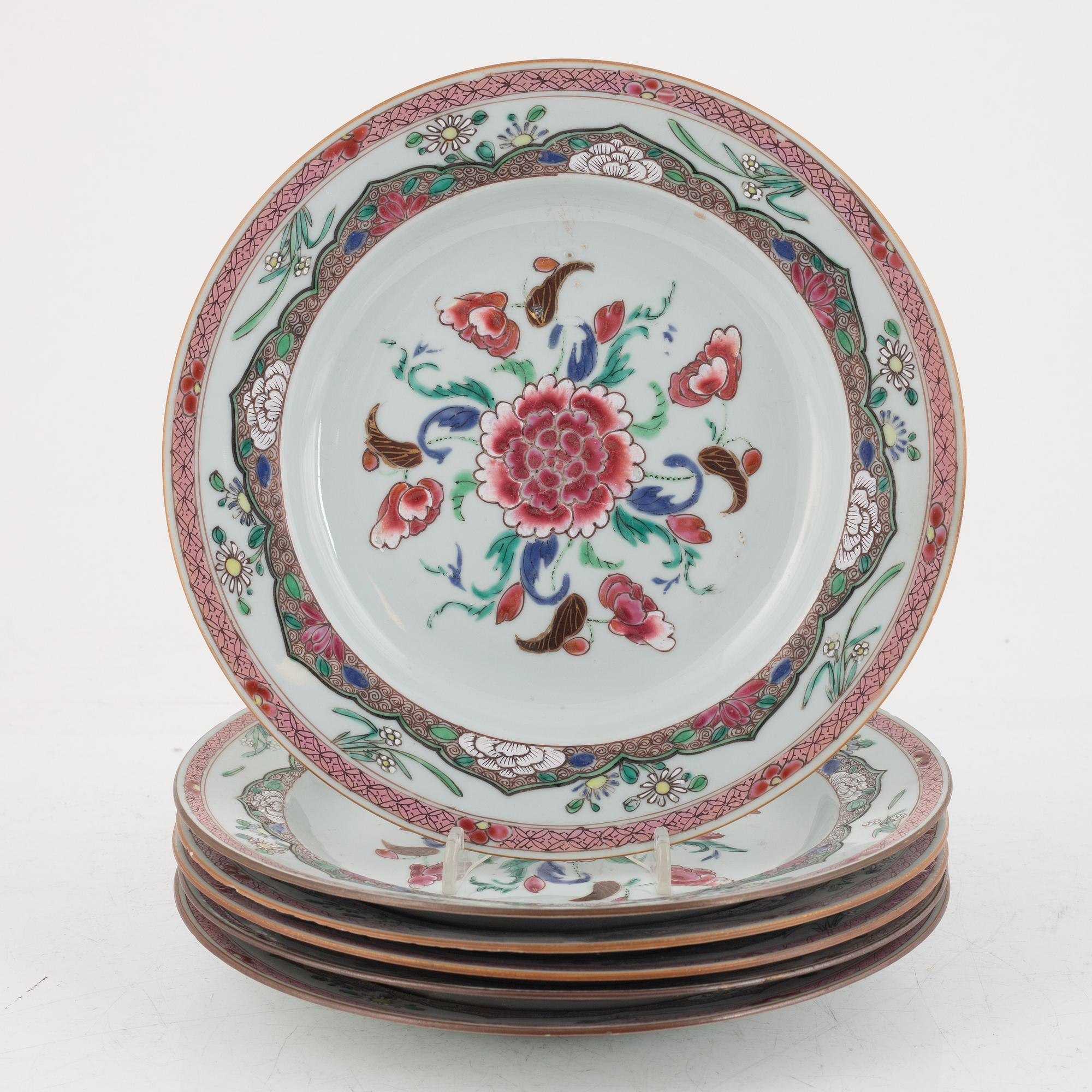 Tallrikar, sex stycken, kompaniporslin, Kina, Qingdynastin, 1700-tal.