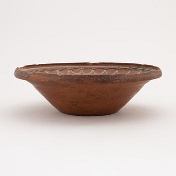 Two clay Swedish folk art dishes, 19th Century.