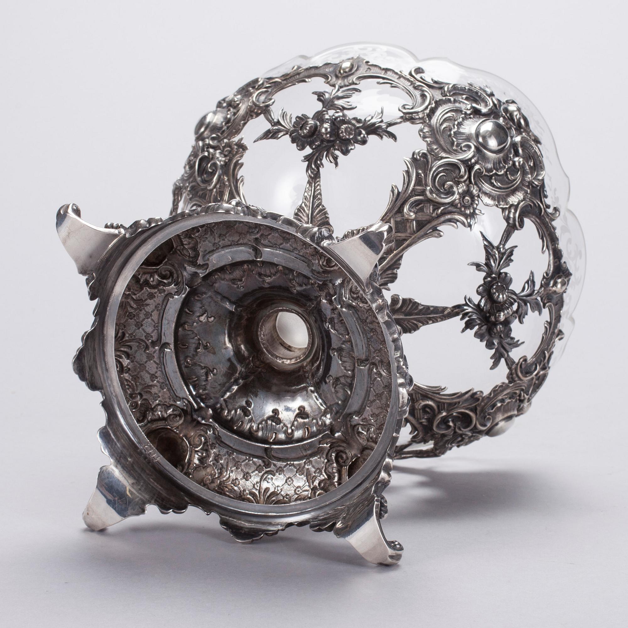 UPPSATSSKÅL, silver och glas, rokokostil, Schurmann Frankfurt 1800-talets slut.