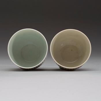 A pair of "chicken" cups, China, Republic. Whit Qianlong seal mark.