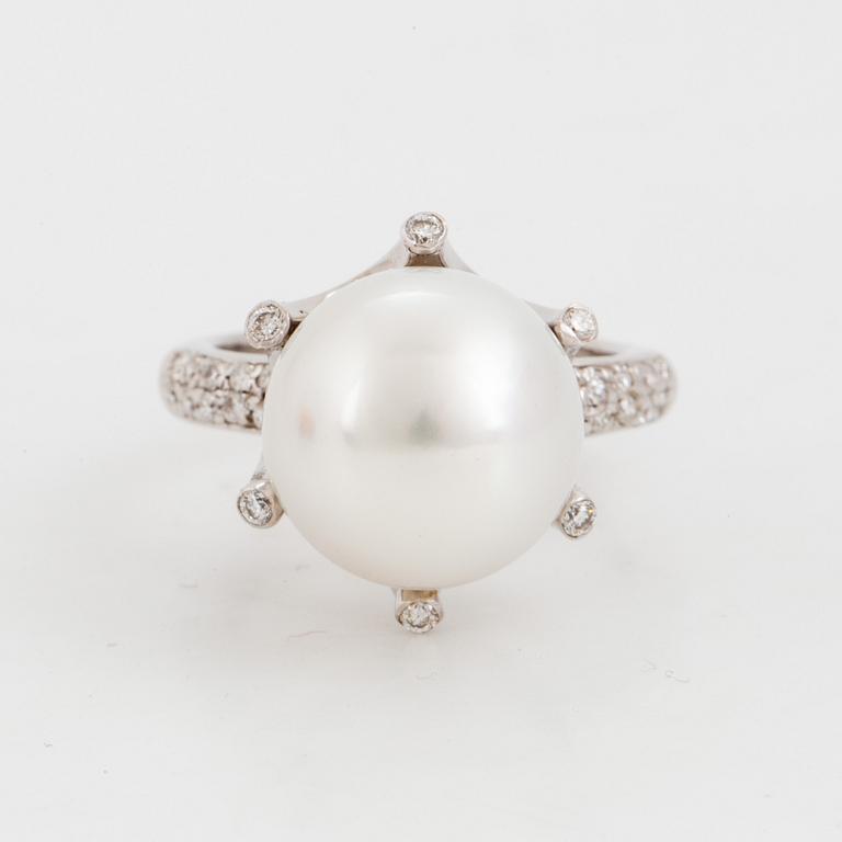 Cultured pearl and brilliant-cut diamond ring.