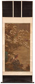 A hanging scroll of birds and magnolia in a garden, Qing dynasty.