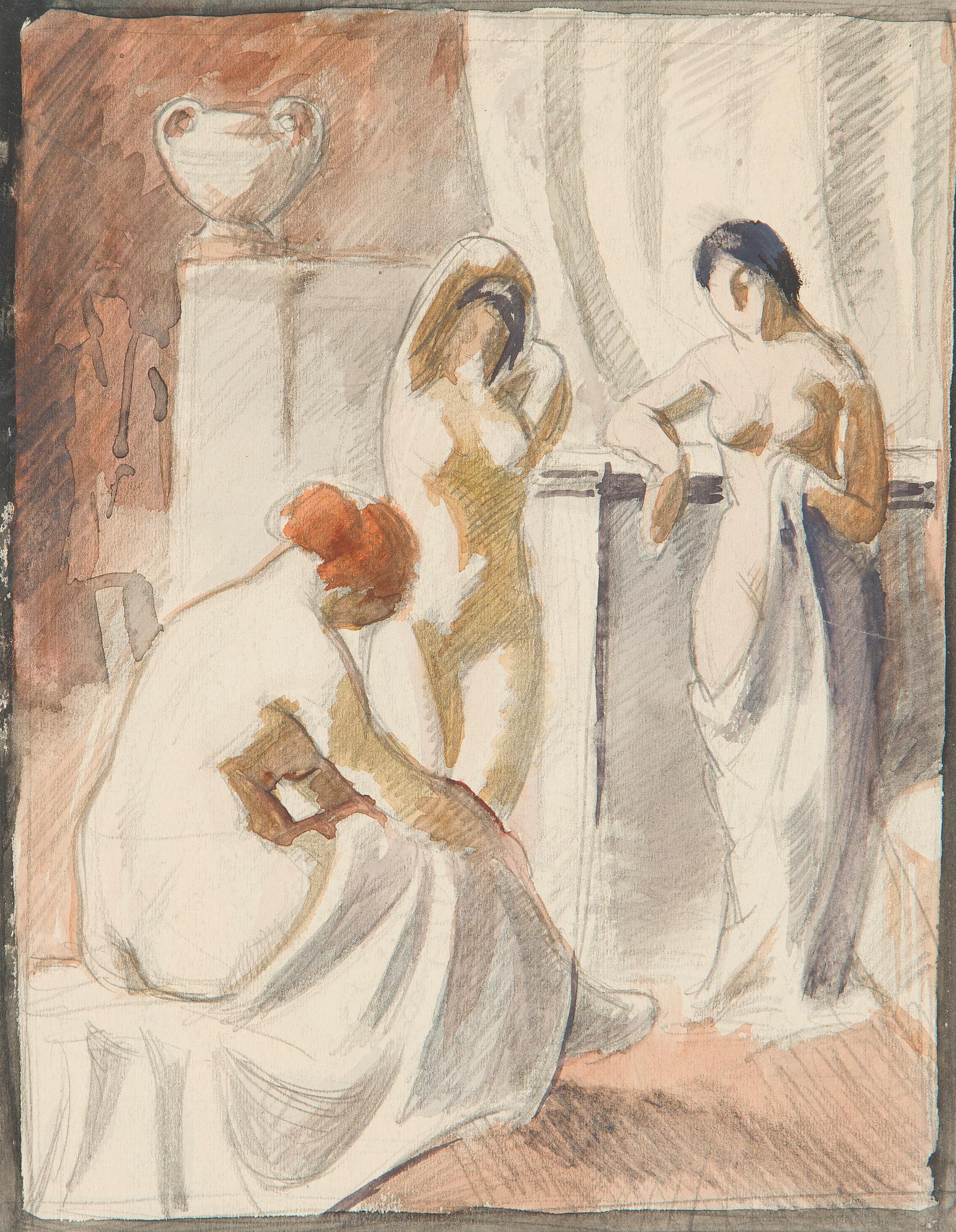 Santeri Salokivi, En grupp nakenmodeller med Urna, 2 st, samt urna från Konstnärens hem.