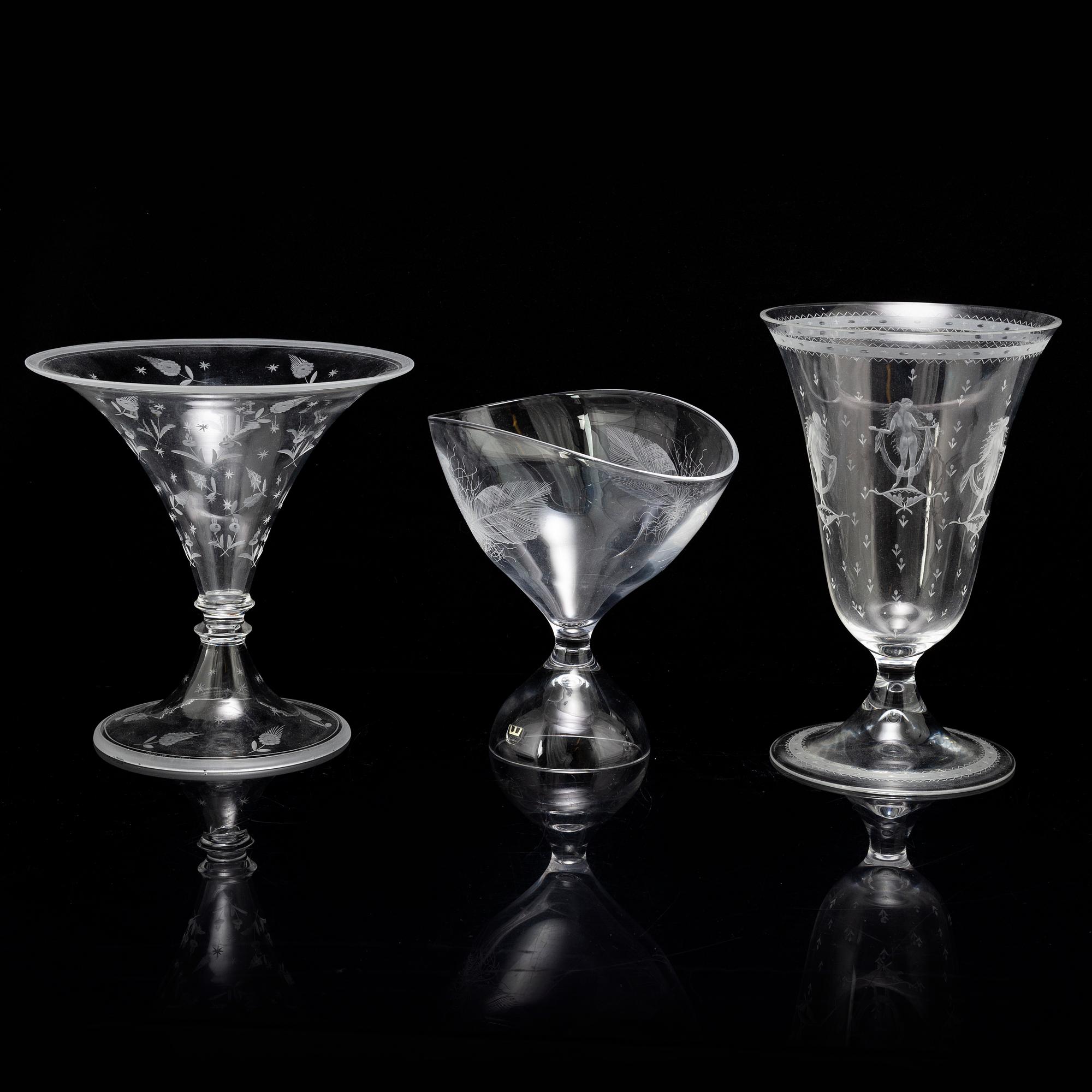 Three glass vases, from Orrefors and Kosta, first half of the 20th century.