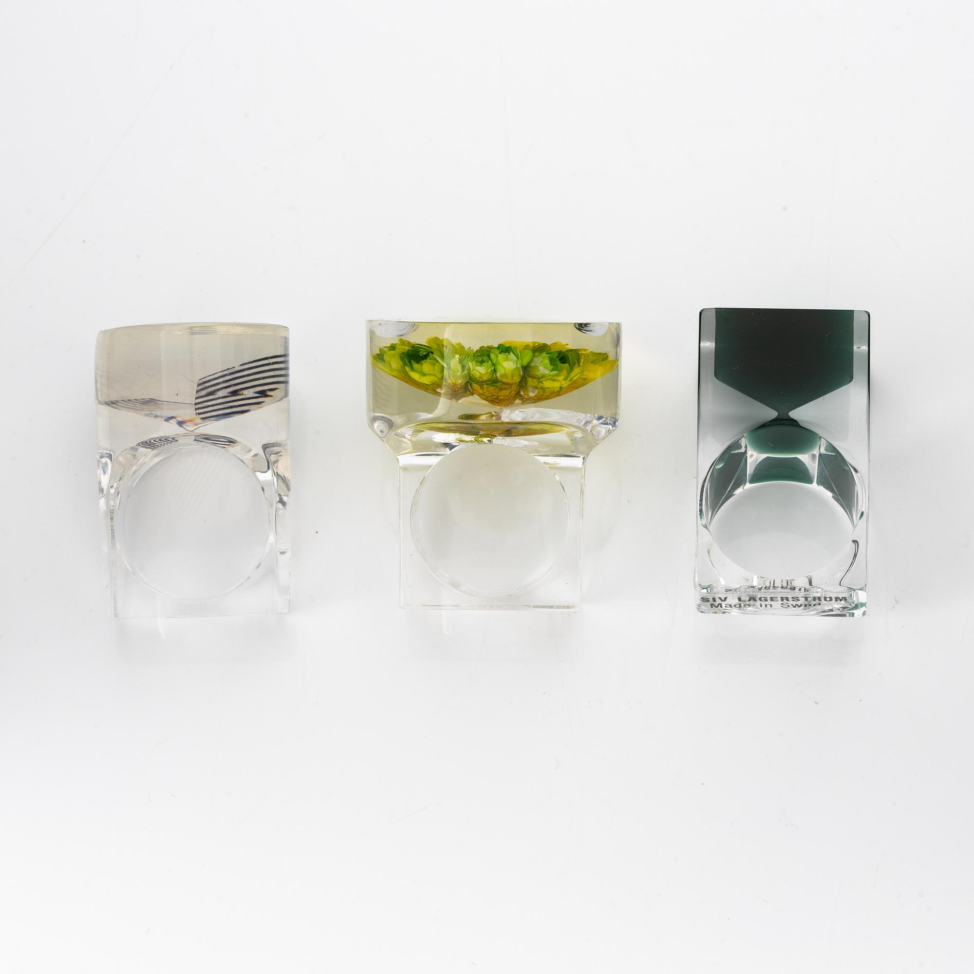 Siv Lagerström, three rings, acrylic plastic. Engraved works from the 1970s.